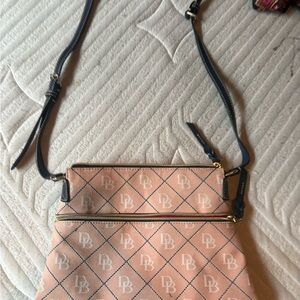 Dooney & Bourke Peach-Pink DB Logo Crossbody with Navy Strap
